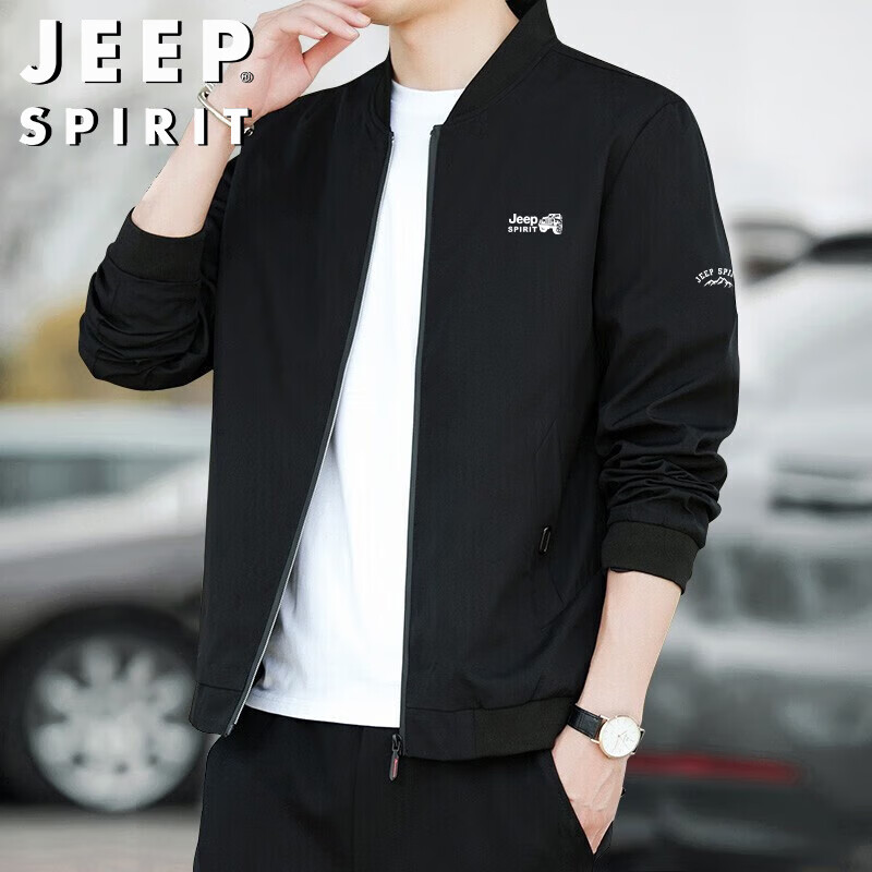 JEEP SPIRIT Men's Jacket, Spring And Autumn Outerwear, Casual Long-Sleeve Top, Solid Color Stand-Up Collar, Fashionable Trendy, Black, XL