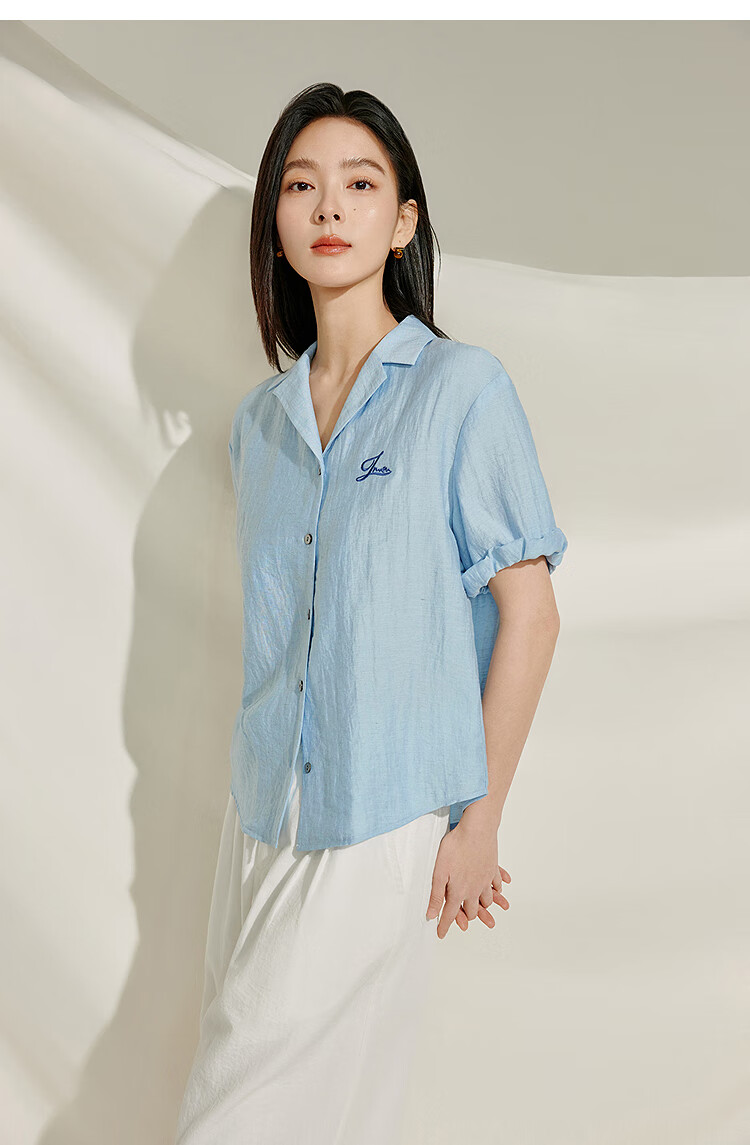 INMAN Summer 2026 Women's Blue Short Sleeve Linen Wrinkle Texture Shirt Light Blue XL 9