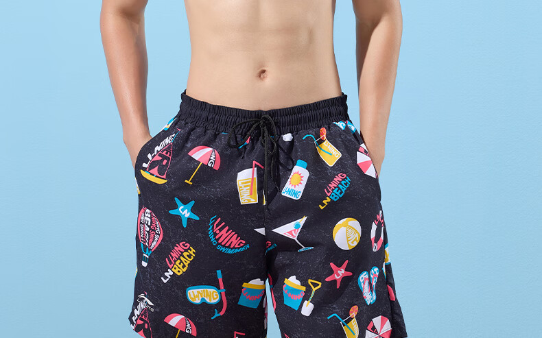 Li-Ning Swimming Trunks for Men, Quick-Drying Sports Swim Shorts, Anti-Embarrassment, Knee-Length Beach Shorts, Breathable, Anti-Exposure, Seaside Vacation, 327 Black Floral Pattern, 3XL 19