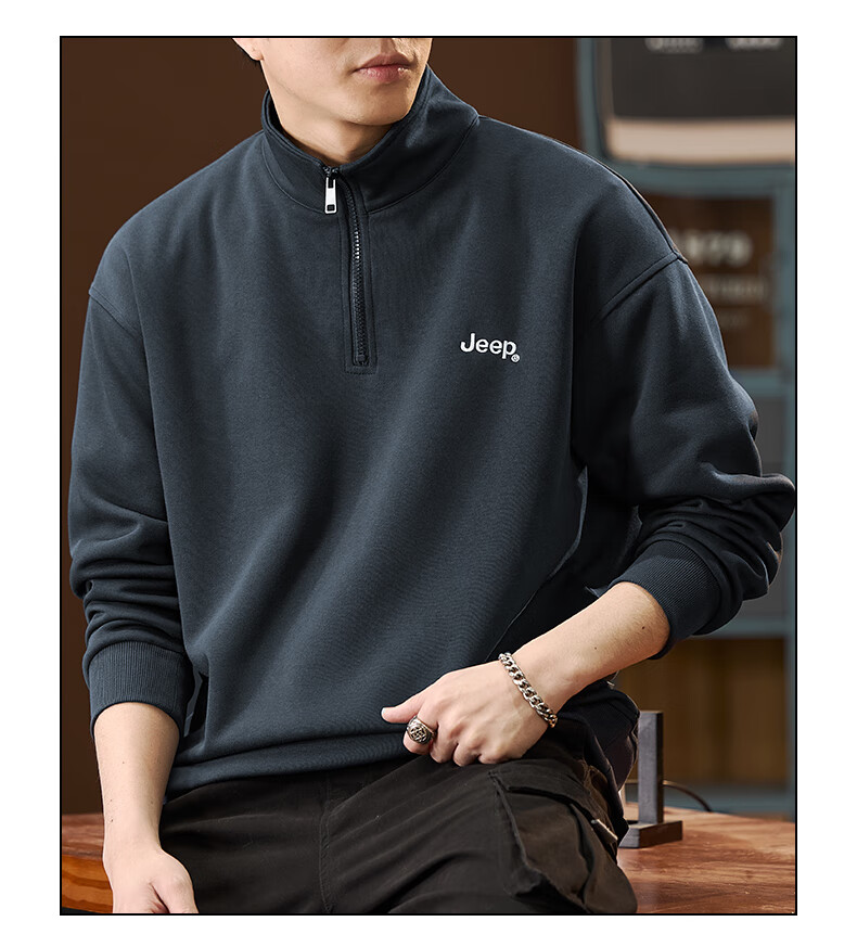 JEEP American-Style Sweatshirt for Men, Spring Trendy Semi-Turtleneck Zip-Up Top, Loose Casual Long-Sleeve T-Shirt for Men's Clothing 6