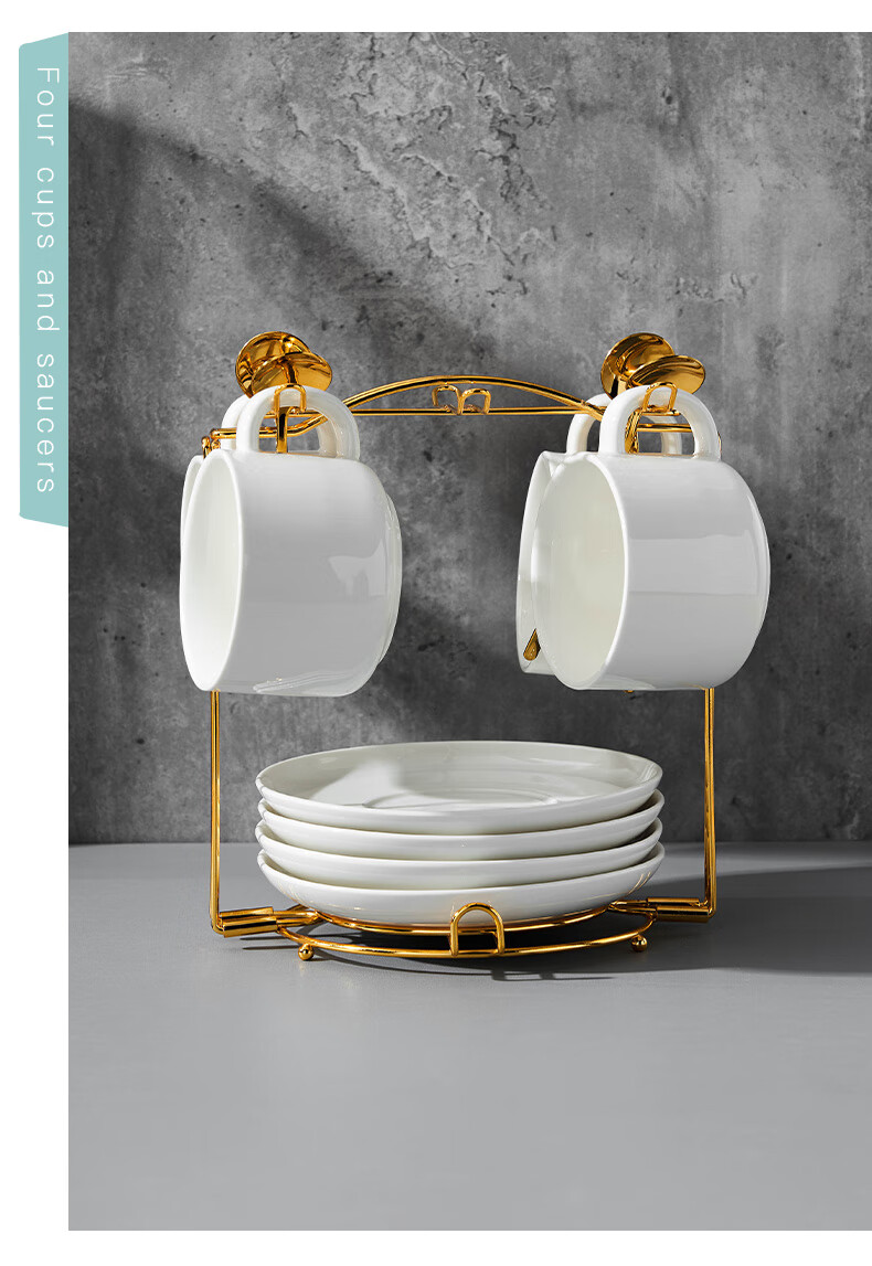 Youlaifu Coffee Cup Set, European-Style Gold-Rimmed Ceramic Cups, Hanging Ear Latte Cups, Office Mugs, 2 Cups, 2 Saucers, 2 Spoons 3