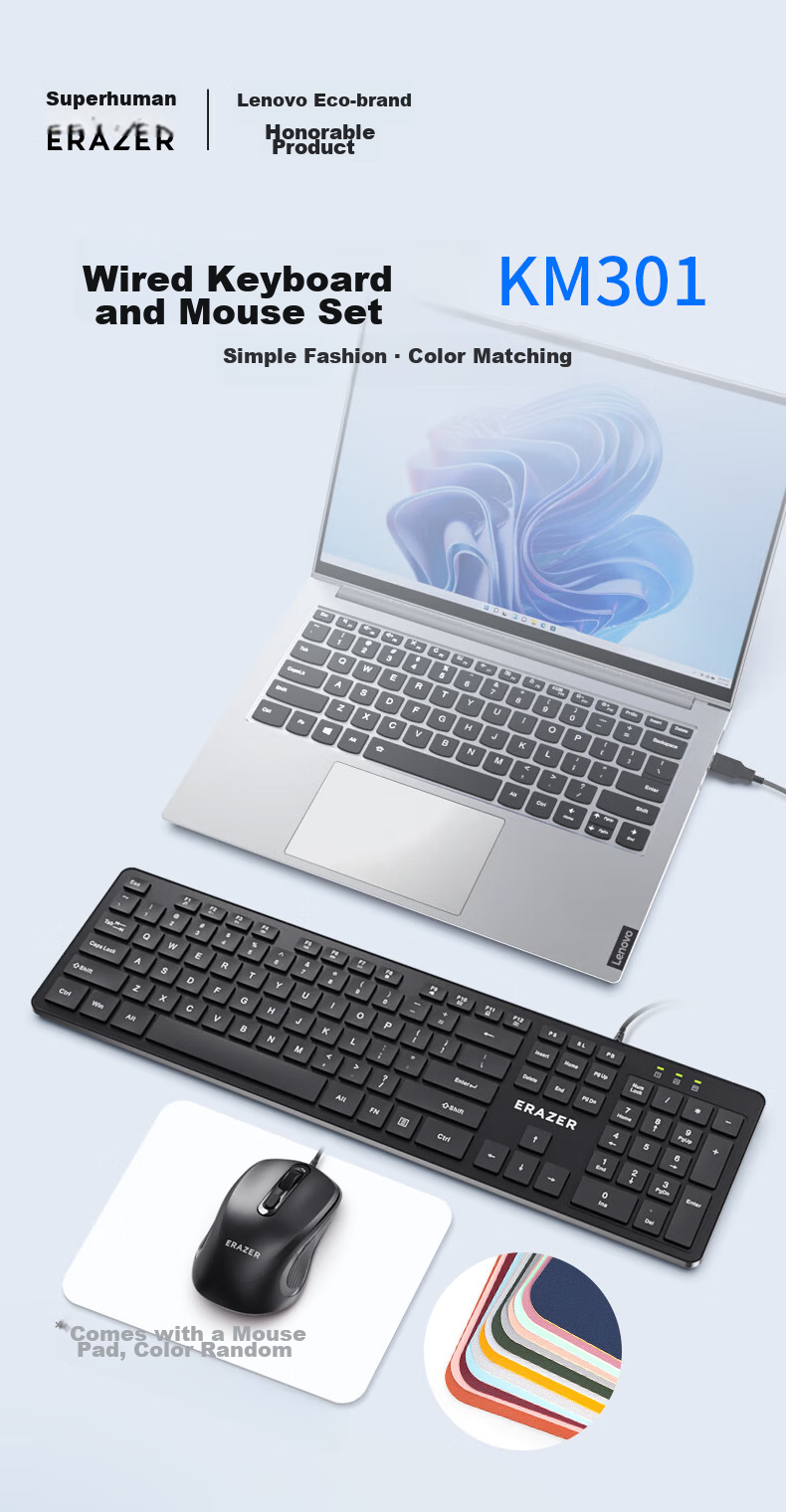 Lenovo Invests in Brand Yinengzhe Wired Keyboard And Mouse Set with Mouse Pad, Full-Size Splash-Resistant, Business Office Desktop/Little New Compatible Black KM301 2