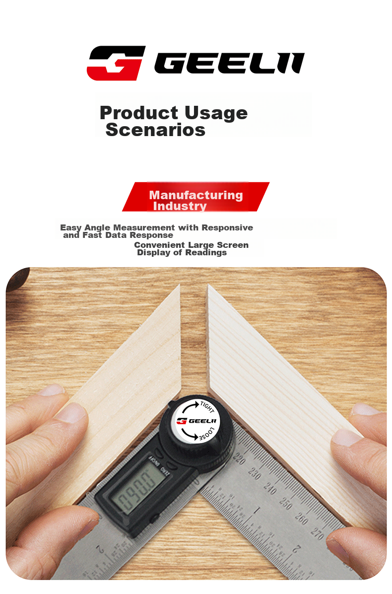 GeeLii Digital Angle Ruler, Stainless Steel Electronic Angle Gauge, Protractor, Angle Measuring Instrument 0-200mm 55155 11