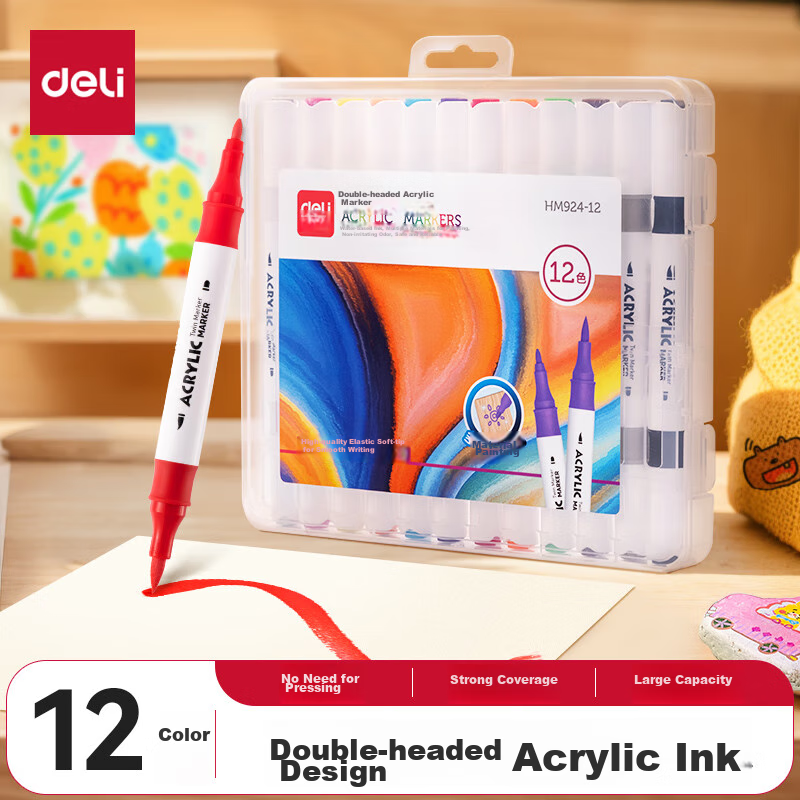 Deli 24-Color Washable Round Barrel Acrylic Markers for Kids and Students, Water-Based PP Case, Waterproof Hand-Painting Gouache Fluorescent Highlighters, Tree Graffiti Watercolor Pens, Graduation Gif