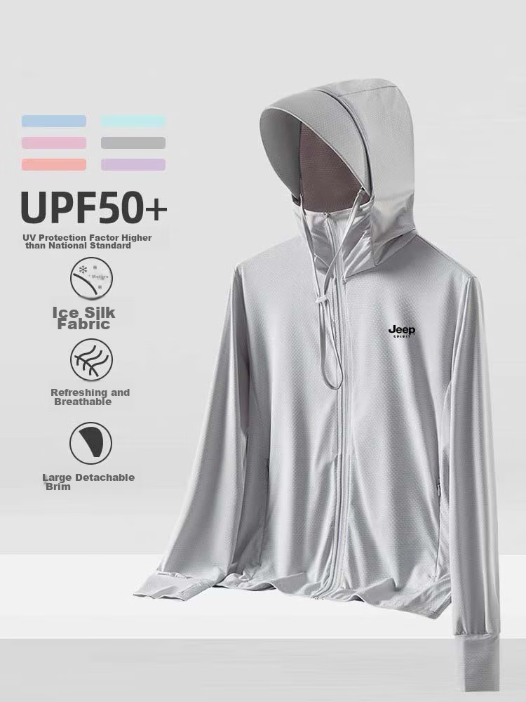 JEEP SPIRIT Men's Sun Protection Jacket, Summer Hooded Lightweight Casual Coat, Skin-Friendly Fishing Wear, Light Gray Men's Style, XL 4