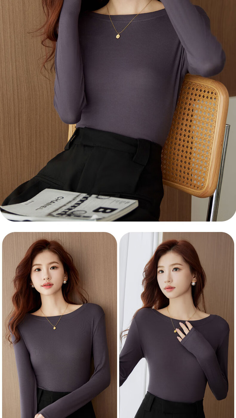 LangSha Women's Spring and Autumn Long Sleeve Slim Fit Round Neck Basic T-Shirt Simple Solid Color Slimming Chest-Enhancing Base Top 4
