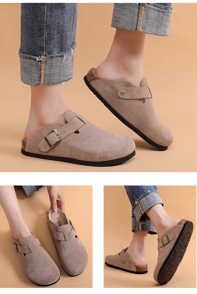 GUOLUOFEI Cork Shoes Birkenstock-Style Shoes for Couples, Fashionable All-Season Slippers for Men And Women, Outdoor Wear Cowhide Closed-Toe Shoes, Apricot Color, Size 39 11