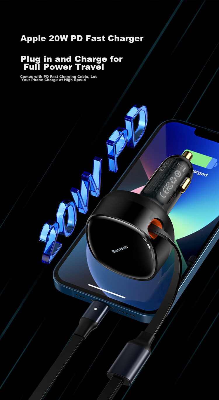BASEUS Car Charger Retractable Cable, One-To Cigarette Lighter Adapter with Built-In Cord, Super Fast Charging, Compatible with Apple 18 Pro Max, Huawei, Xiaomi 11