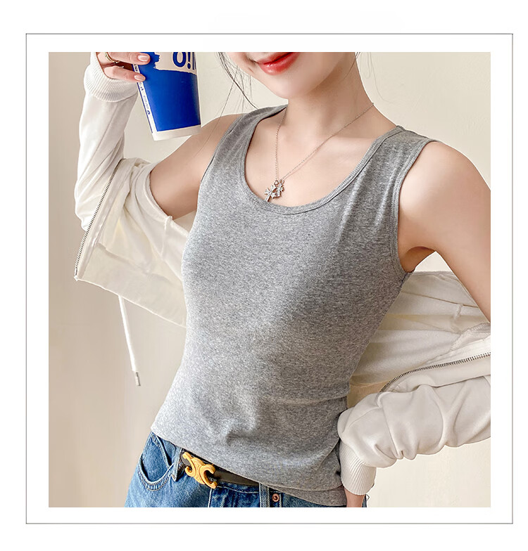 Hengyuanxiang [Pure Cotton] Women's Camisole Tank Top, Beautiful Back Design, Can Be Worn As Outerwear, Round Neck - Gray 16