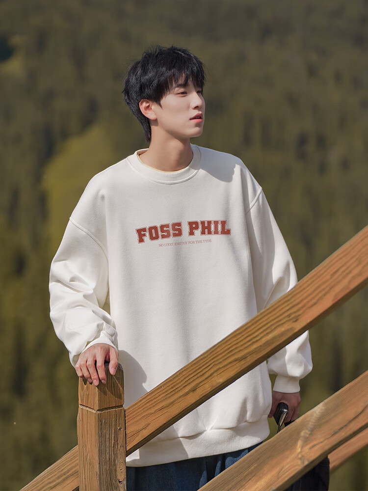 Foss Phil Men's Crew Neck Sweatshirt Autumn Winter Long Sleeve Printed Loose Casual Base Shirt FPW2 White M 12