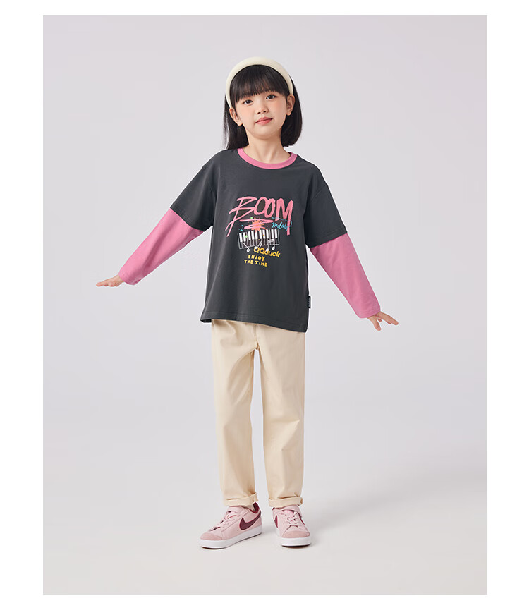 QQ DUCK Children's Clothing Girls' Long-Sleeve T-Shirt Undershirt Youth Wear Music Party White; 130 19