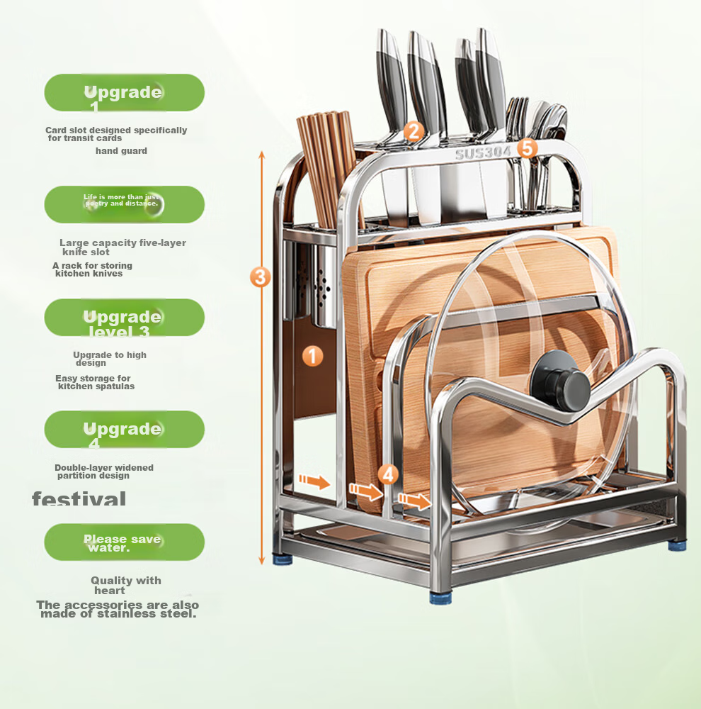 Shuaishi Knife Holder, Kitchen Storage Rack, 304 Stainless Steel Knife Organizer, Chopstick Holder, Kitchen Knife And Cutting Board Rack, Complete Set of Utensils 4
