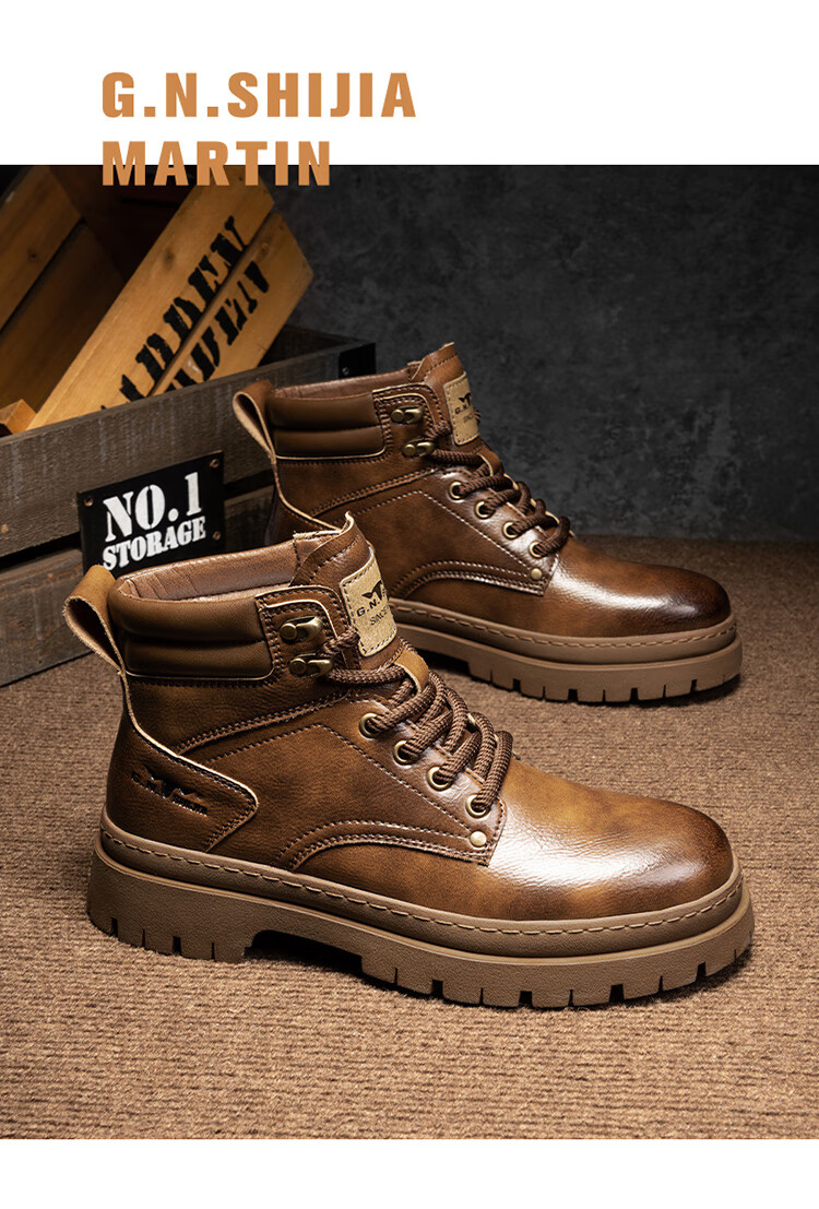 Bull Family Men's Autumn Winter Martin Boots Trendy Versatile Work Shoes Retro Durable Leather Boots for Men 23