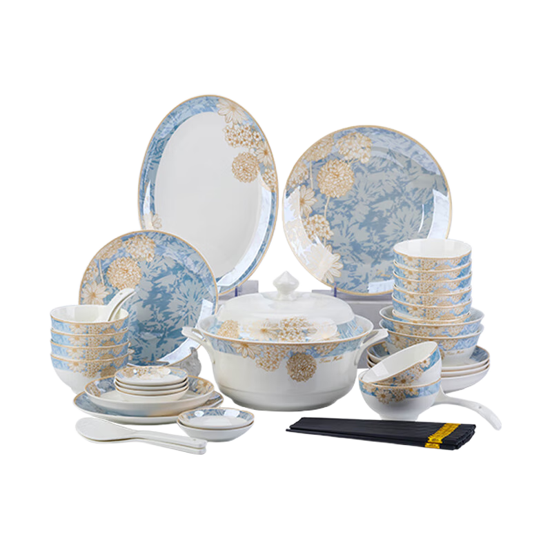 Haoya 68-Piece Jingdezhen Ceramic Dinnerware Set with Bowls, Plates, Spoons, Chopsticks, Dishwasher Safe, Housewarming Time Stroll