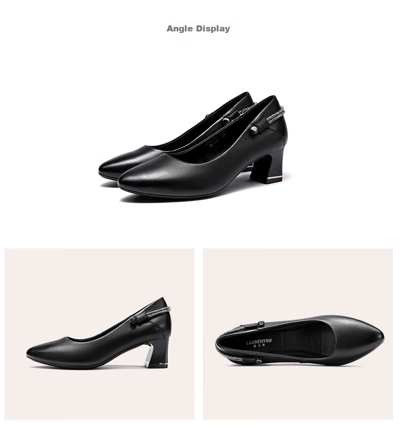 LAORENTOU Spring And Autumn Women's Flats, Shallow Mouth Mid-Heel Leather Shoes, Chunky Heel Commuter Work Mom Shoes LB12272 Black 35 13