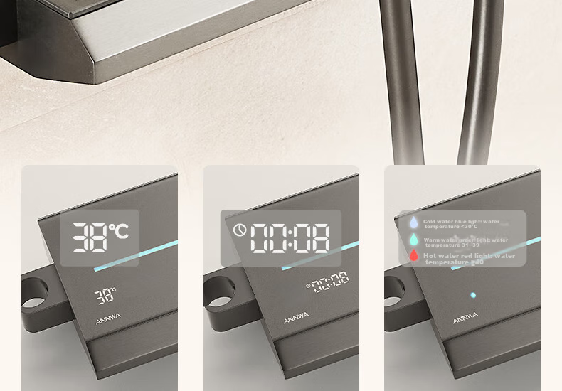 Anhua Bathroom Shower Set, Complete Integrated Brass Pressure-Increasing Square Tube, with Digital Display, Gunmetal Gray, N4G9041GGW 14