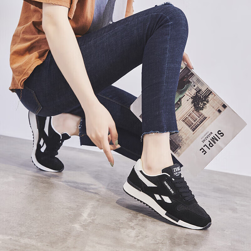 ZHR Women's Casual Shoes, Selected Cowhide Comfortable Versatile Women's Shoes, Classic INS Trendy Color-Block Sneakers for Women, Korean-Style Fashionable Lightweight Breathable Shoes for Women, AK60, Black, Size 36