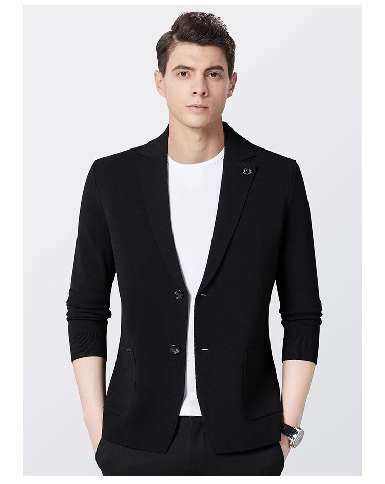 MONTAGUT Spring And Autumn Men's Knitted Suit Jacket, Business Casual Comfortable Slim Fit Blazer, Black, Size 50 12