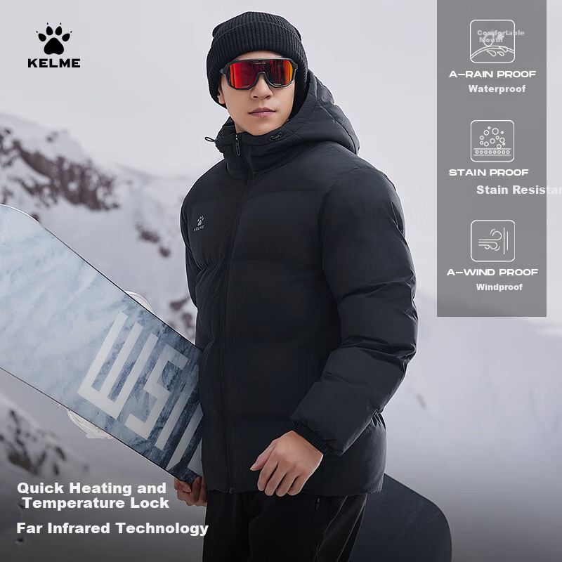 KELME Sports Hooded Cotton Jacket, Winter New Style, Heat-Retaining Warm Coat, Thickened Fashionable Puffer Jacket, Onyx Black, S