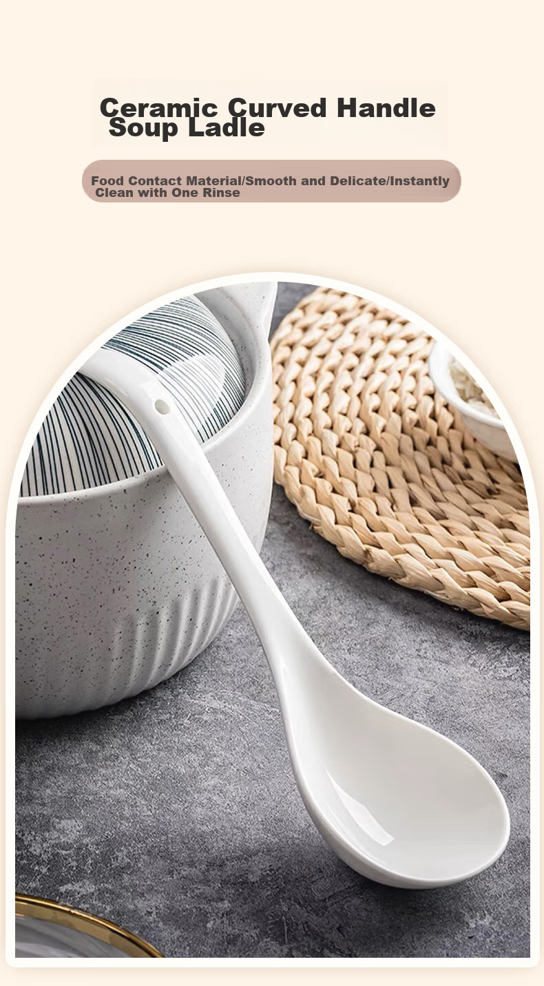 Shihua Ceramic Large Soup Ladle Rice Spoon 22.8cm, Large Serving Ladle for Soup And Porridge, Long-Handled Soup Spoon, Dining Spoo 1
