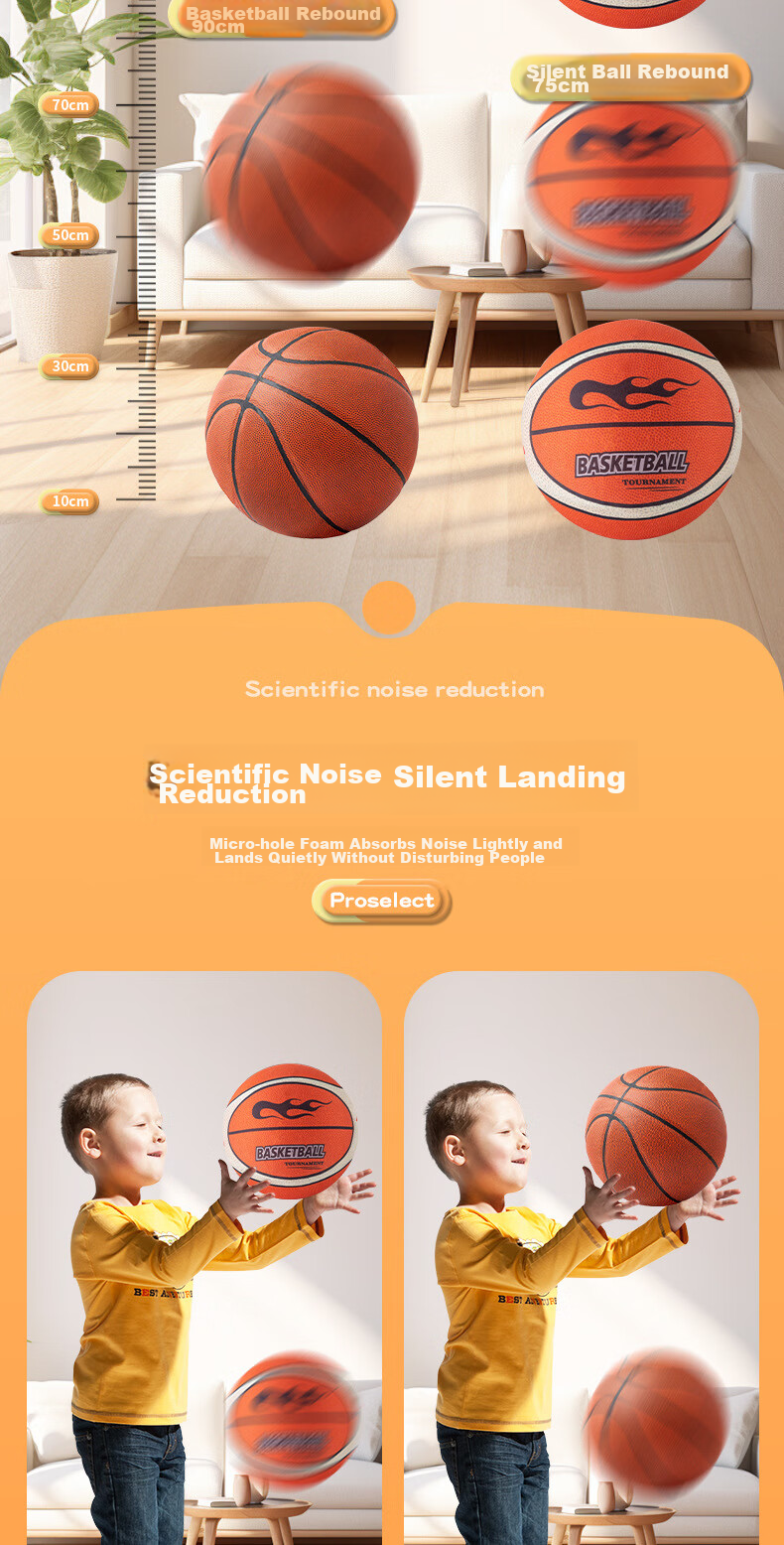 Mimeng Silent Basketball, No Dust, Size 7 Basketball, Fifth Generation, Children's Toy Ball, Indoor And Outdoor Elastic Ball, with Basket, Gift 7