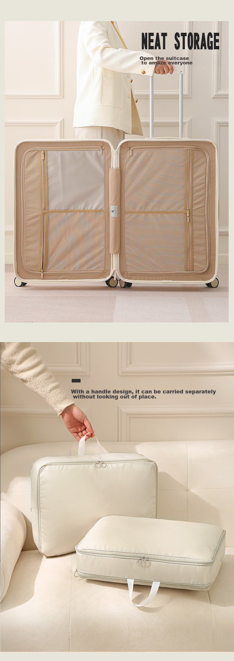 Bangnimeijia 2-Pack Down Jacket Storage Bags, Portable Travel Clothes Compressible Suitcase, Quilt Organizer Bags, Beige 9