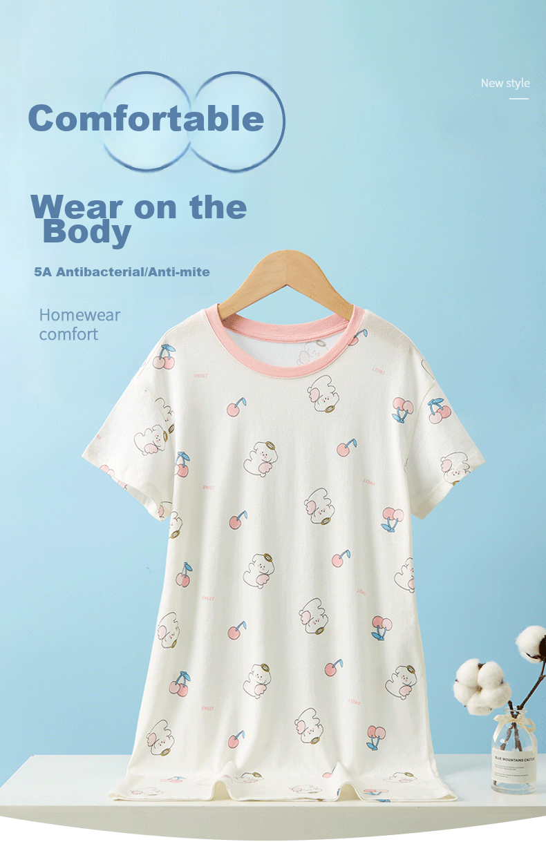 Hengyuanxiang Girls' Nightgown, Children's Pajama Dress, Pure Cotton, Thin Summer Style, Short-Sleeved Home Wear for Girls, 5A Antibacterial 1