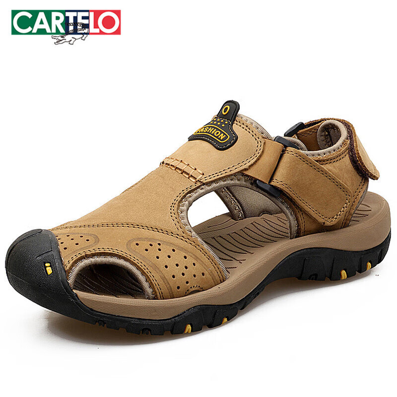 CARTELO Men's Sandals, Summer Roman-Style Closed-Toe Beach Shoes, Top-Grain Leather Perforated Shoes for Men, CS01, Khaki, Size 42