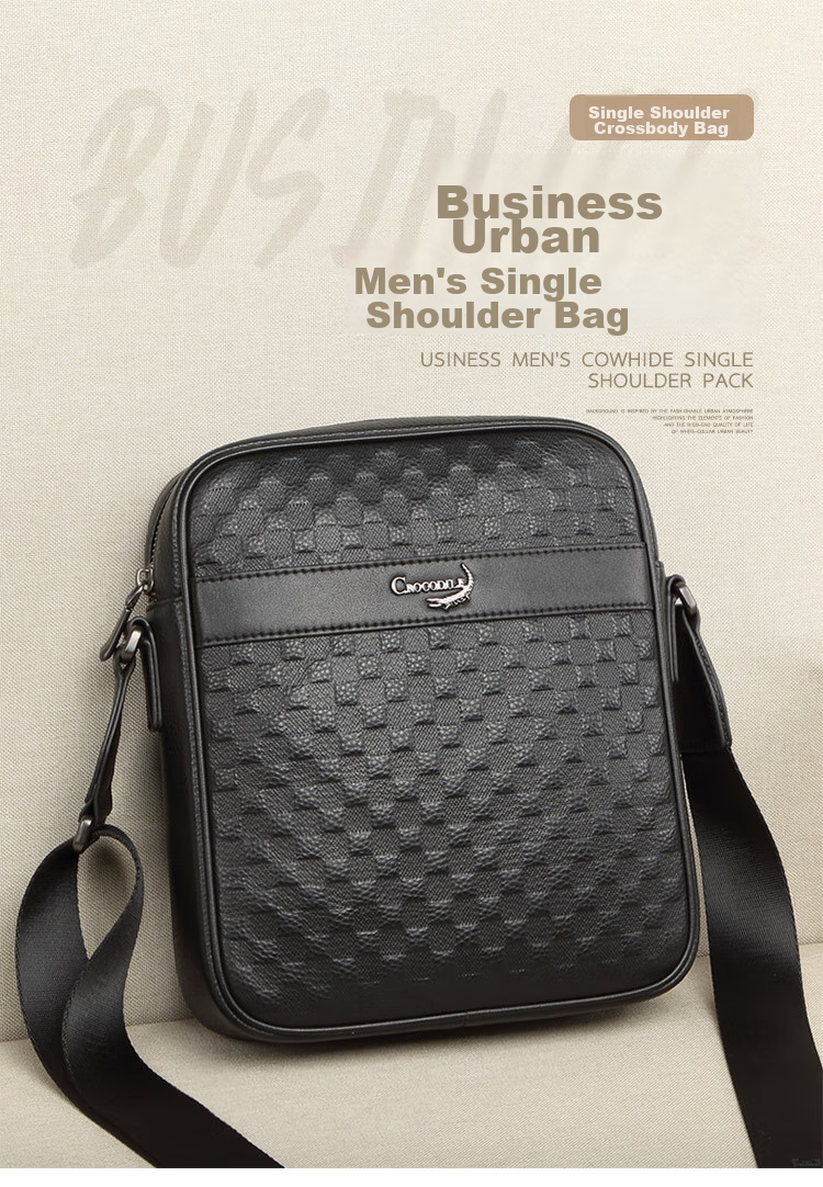CROCODILE Top-Grain Leather Plaid Business Casual Shoulder Bag, Men's Vertical Crossbody Bag XT2045, Gift for Boyfriend 1