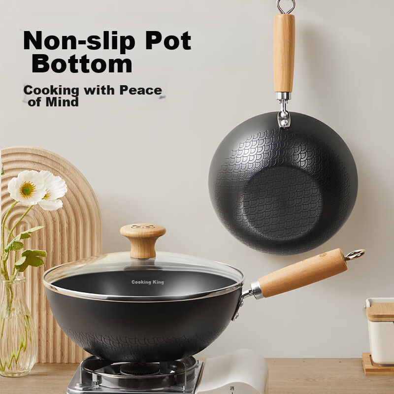 COOKER KING Small Iron Wok, Frying Pan, Household Flat Bottom Pan, Baby Food Pan, Single Serving Pan for Induction Cooker, 24cm