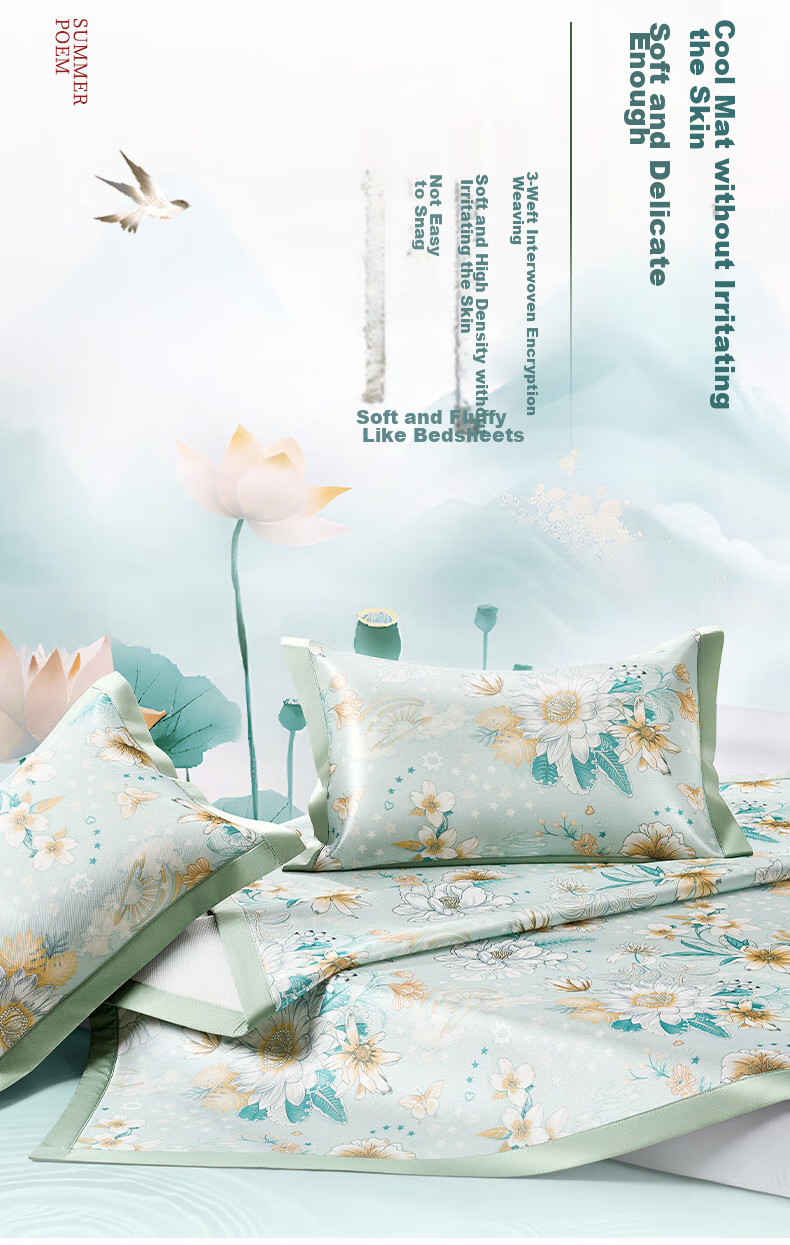 FUANNA Qingge Ice Silk Cooling Mat, Cool-Feeling Printed Soft Mat, Double Size, Three-Piece Set, Green 1.5*2 Meters [Washable] 9