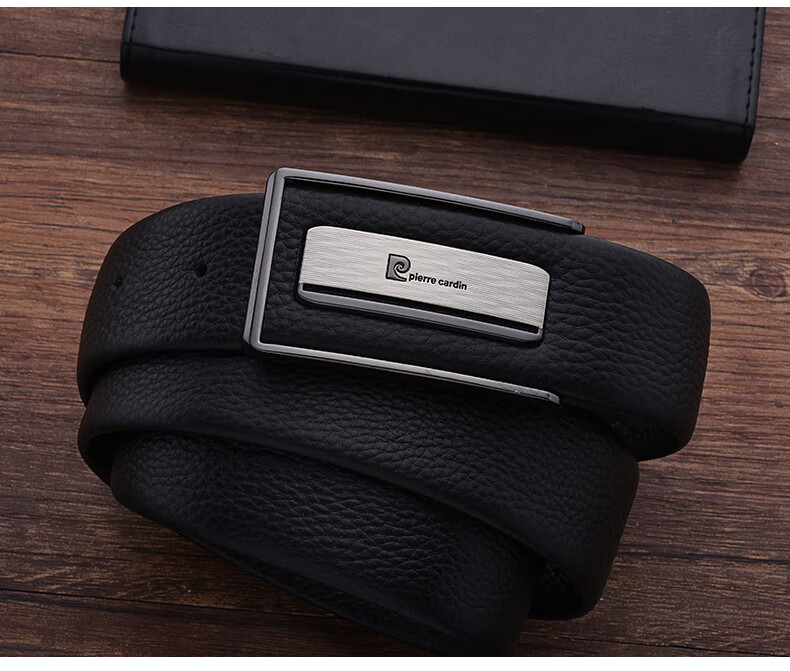 Pierre Cardin Men's Belt, Top Grain Leather, Buckle Waistband, Smooth Buckle Trouser Belt, Gift Box, Present, Black, 115-120 12