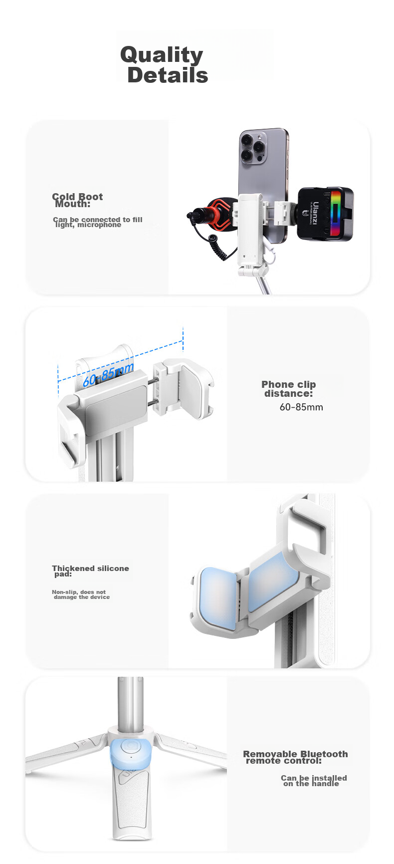 Youlanzi Ulanzi JJ02 Bluetooth Selfie Stick with Tripod, Extendable Handle, Desktop Stand, Rotating Phone Clamp for Live Streaming And Photography (White) 7