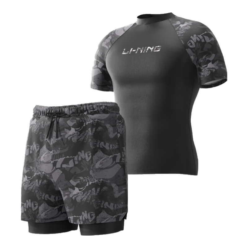 Li-Ning Swimming Trunks for Men, Double-Layer Anti-Embarrassment Swimwear Set, Comfortable High-Elasticity Water And Land Dual-Use Two-Piece Set, 86-33 Black And Gray, XXL