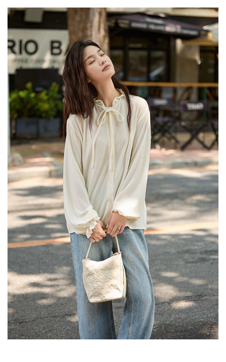 Dme [Retro Elegant Brown Shirt], Spring And Autumn Style, Silk Ribbon Collar, Velvet Blouse for Wome 3