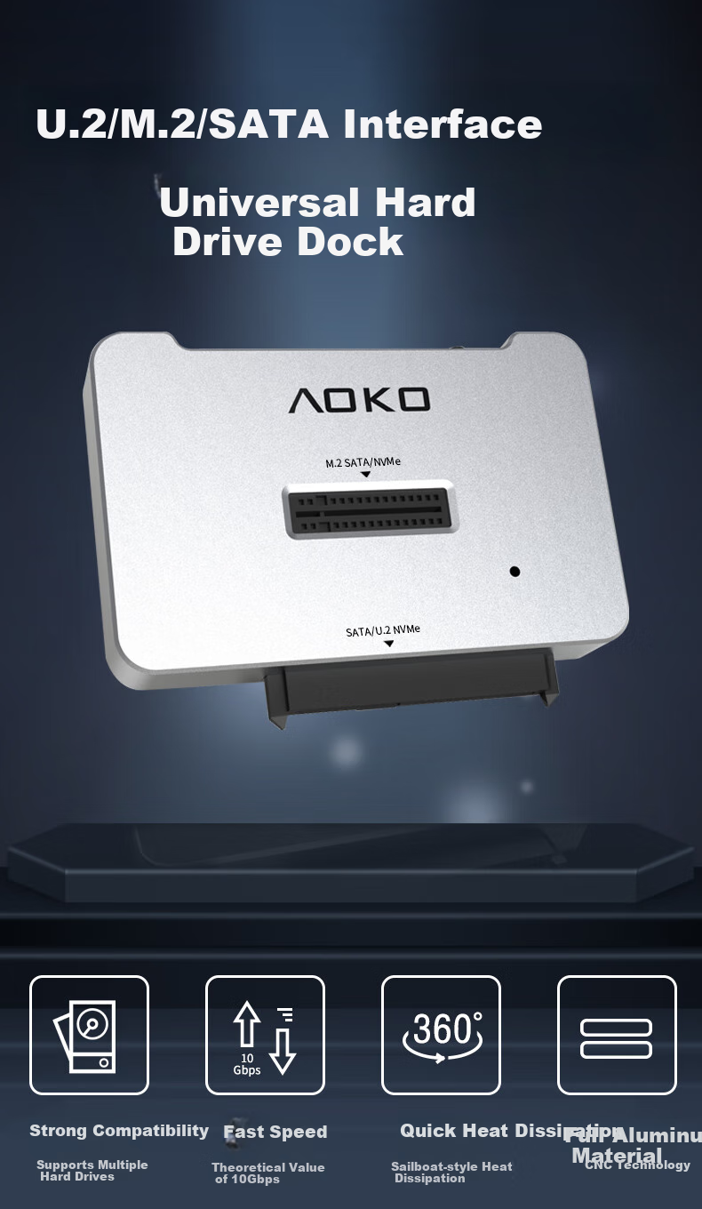 AOKO U.2/U.3/SATA/M.2 Hard Drive Dock, U.2 SSD Enclosure, NVME External Case, U2 to USB Converter, 2.5/3.5-Inch SATA Hard Drive Reader Adapter AU10SL 1