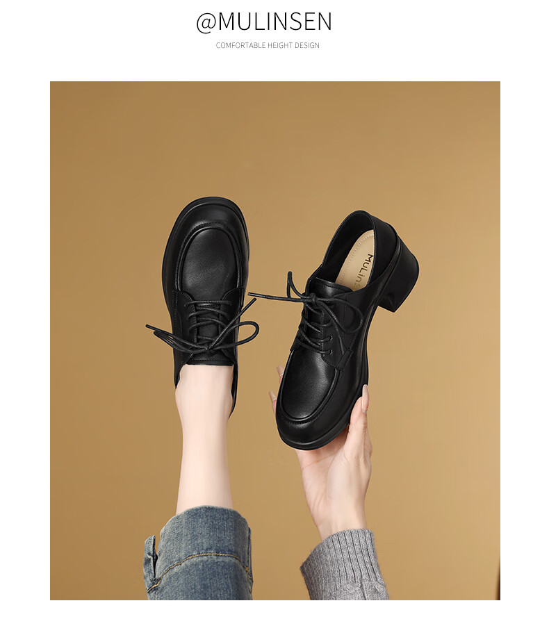 Mulinsen Women's Loafers Elegant Versatile Mom Shoes Commuter Lace-up Leather Flats Black 38 5