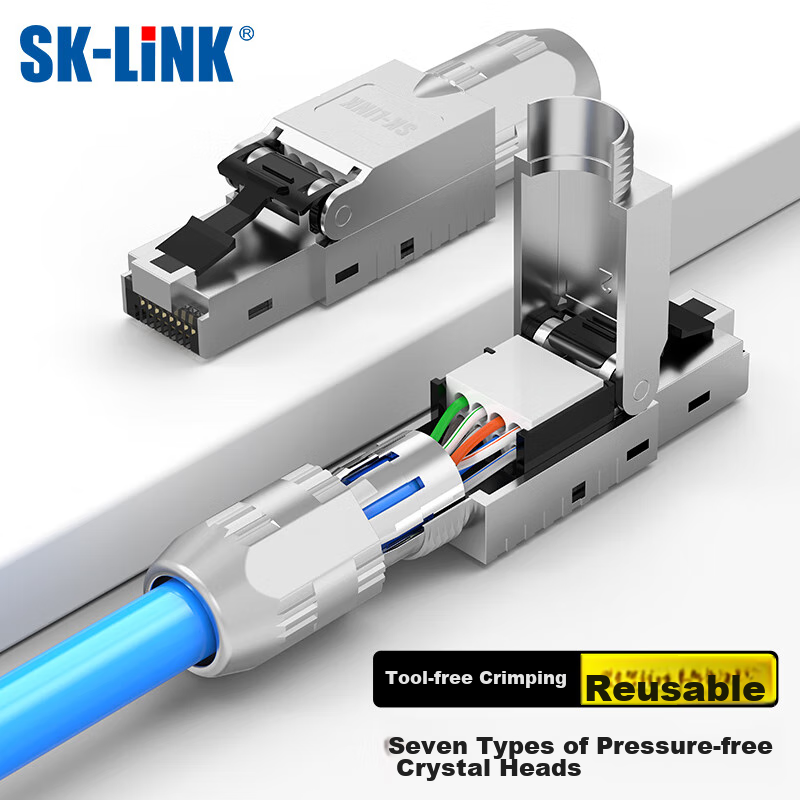 SK-LINK Cat7 Toolless Crystal Head, Engineering Grade CAT7 Unshielded RJ45 Computer Network Cable Connector, No Crimping Required Crystal Head, Single Pack