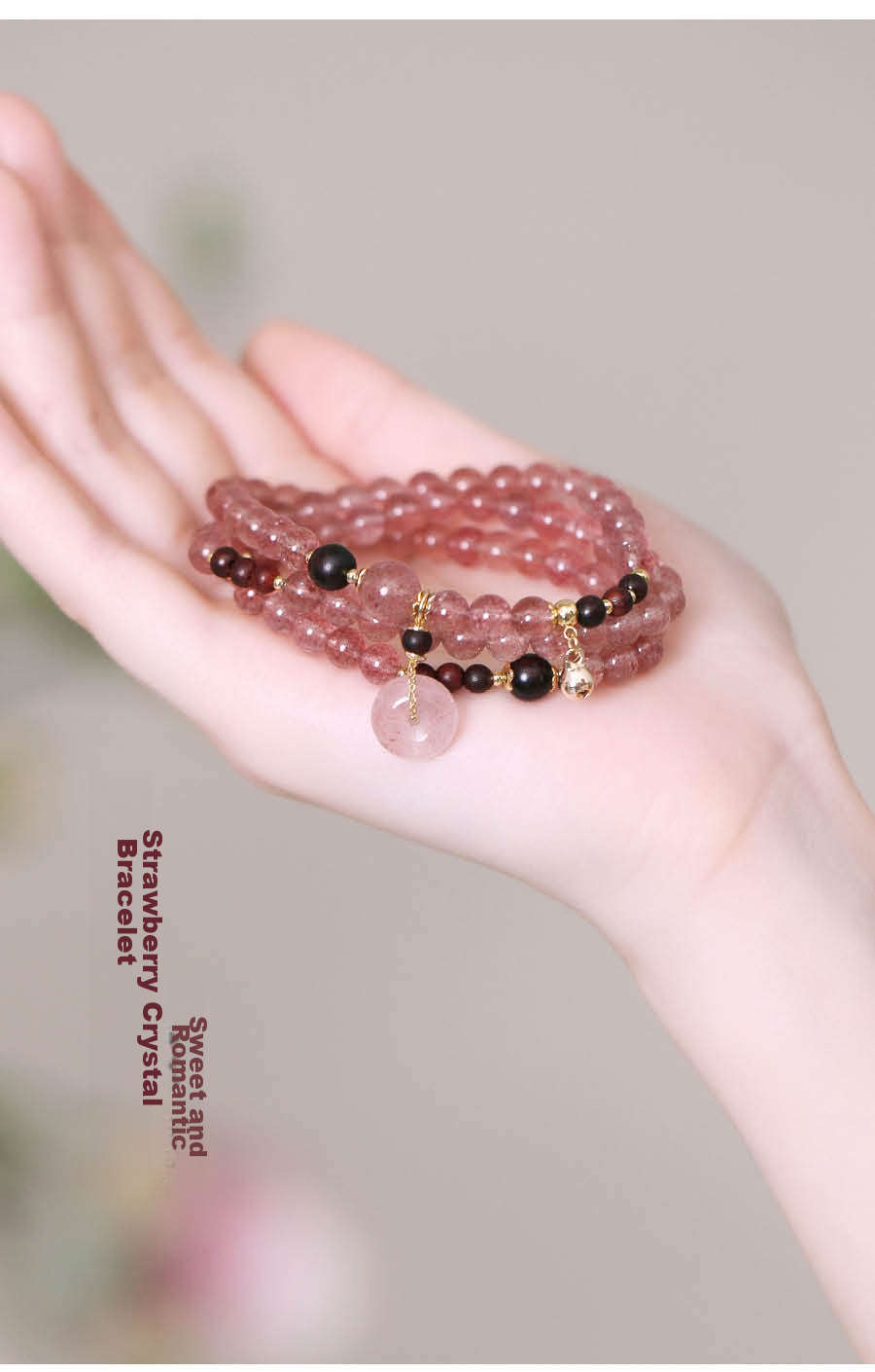 Fenghuangniepan Pink Crystal Bracelet with Peace Clasp, Multi-Layer Strawberry Quartz Bead Strand, Lucky Charm, Crystal Birthday Gift for Girlfriend Or Best Friend 3