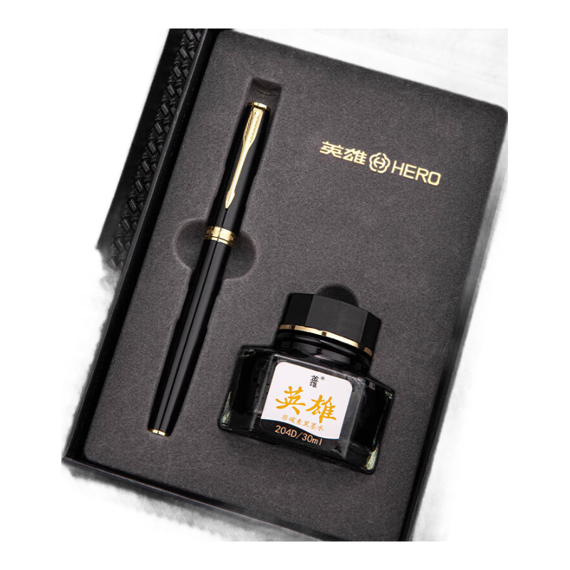 HERO Fountain Pen Gift Box E609, Artistic Bent Nib Iridium Gold Daily Writing Calligraphy Set for Third Grade Elementary And Middle School Students, Men And Women, Ink Set, Dazzling Black M Artistic Nib