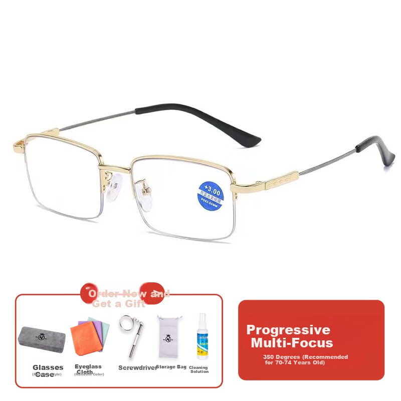 HB Reading Glasses with Bifocal 350 Degrees, Gold Semi-Rimless Progressive Multi-Focal Anti-Blue Light Memory Titanium Frame for Elderly Farsightedness