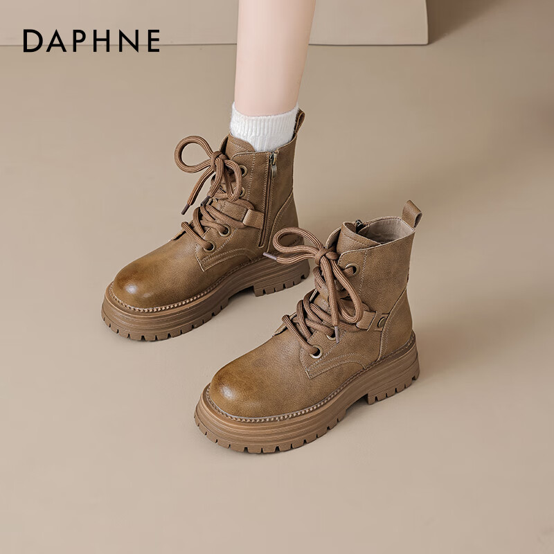 DAPHNE Brown Retro Martin Boots for Women, Autumn And Winter Fleece-Lined Shoes, 2025 New Style Outdoor Work Boots, Tall Yellow Boots, Height-Increasing Ankle Boots
