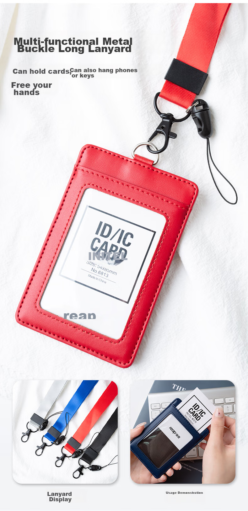 Reap Genuine Leather Work Badge, Corporate Employee ID Card Holder, Document Case with Storage Slots, Neck Strap Badge, Conference Access Card, Work ID Holder, Cowhide Material, Customizable, Dark Blue Vertical Style 6813 7