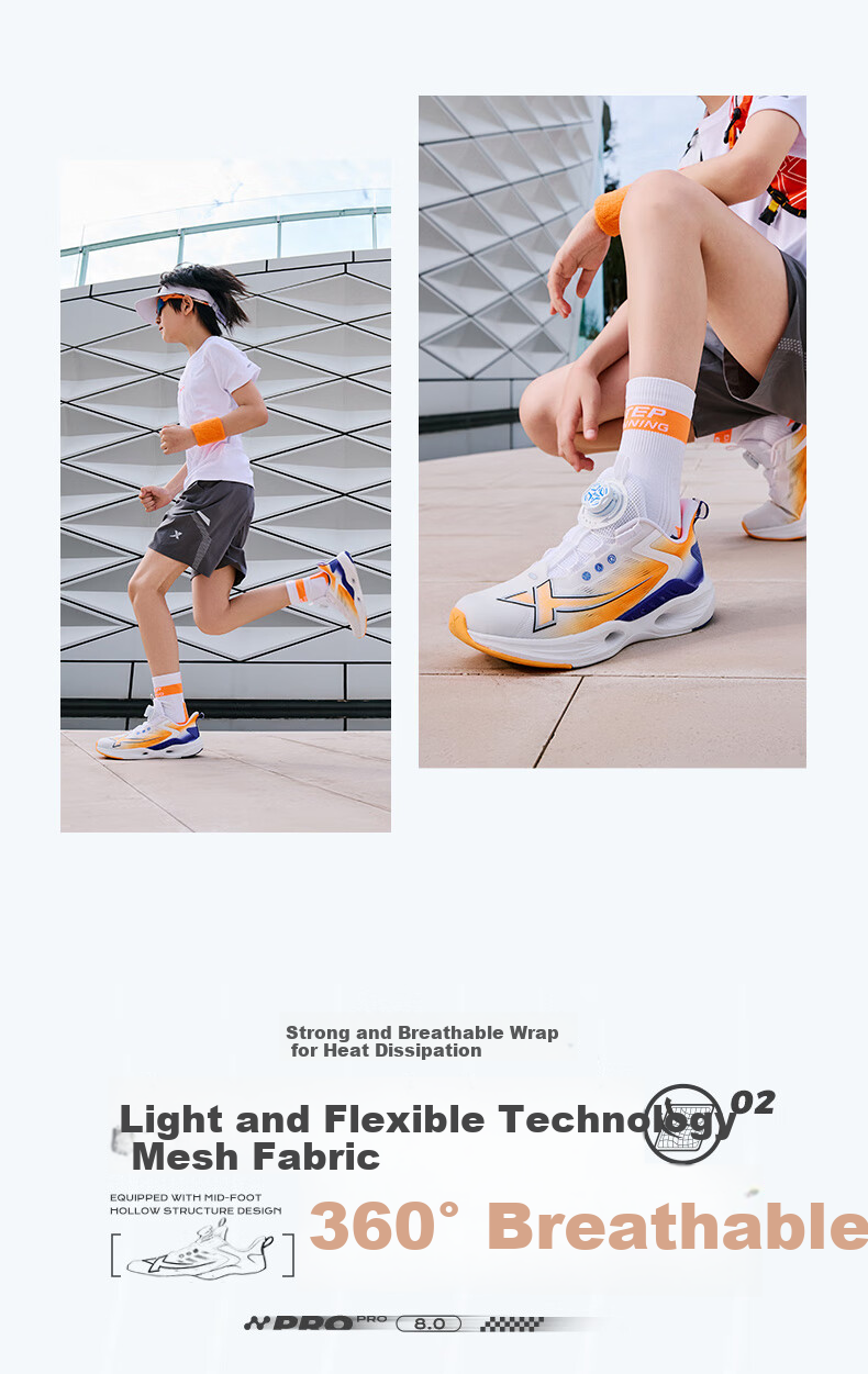 XTEP Children's Shoes, Boys' Mesh Breathable Lightweight Non-Slip Rotating Buckle Running Shoes, Classic White/fluorescent Bright Orange, Size 33 7