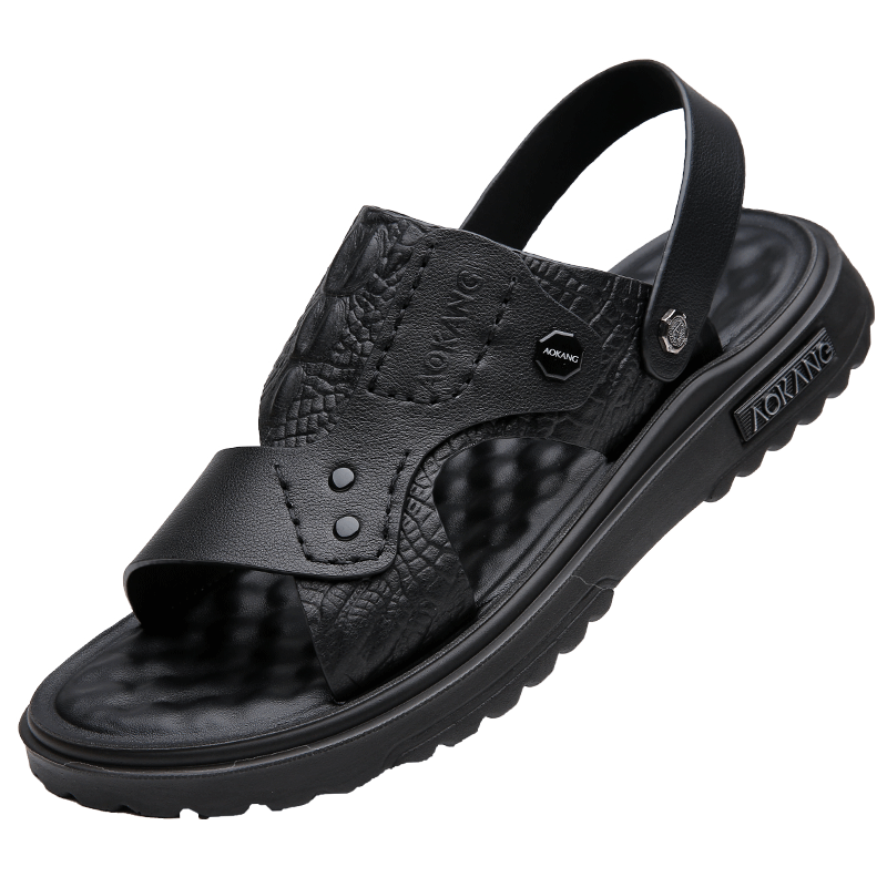 Aokang Men's Leather Beach Sandals, Casual Leather Slippers, Middle-Aged And Elderly Dad Shoes, Two-Way Wear, Large Size Slippers, Black, Size 42