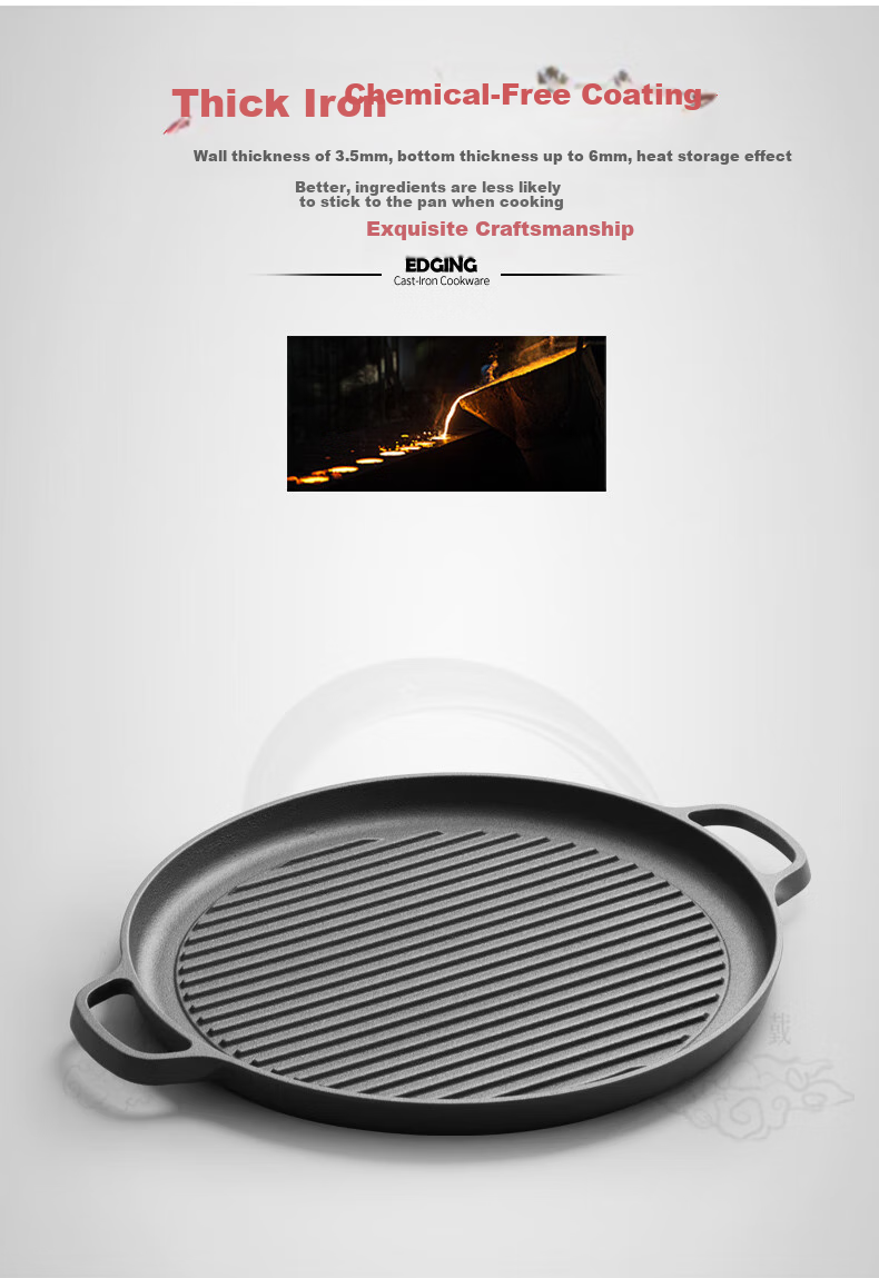 Dianjiang Cast Iron Steak Griddle, Large Size Professional Striped Steak Pan, Flat Bottom Frying Pan, Uncoated Thickened Barbecue Plate, 30cm 3