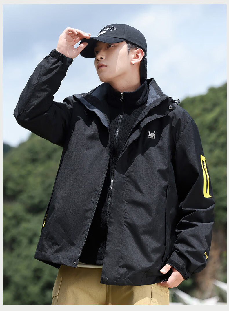 EASTERN CAMEL Couple's Three-In Outdoor Jacket for Men And Women with Detachable Windproof Layer, Black Three-In 3XL 8