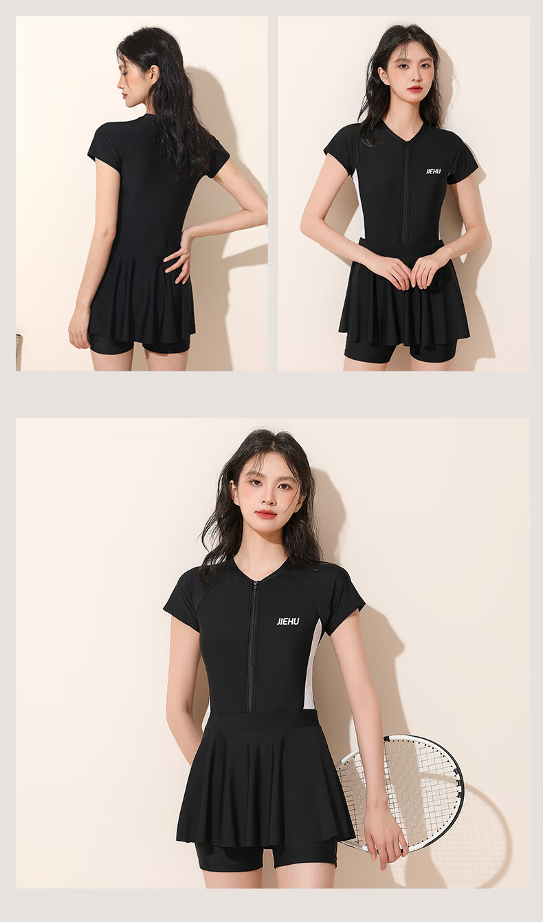 Jiehu One-Piece Swimsuit Dress for Women, Conservative Swimwear for Hot Springs And Swimming, Tummy Control Slimming Chlorine-Resistant Quick-Dry Swimsuit, Black And White, Size M 13