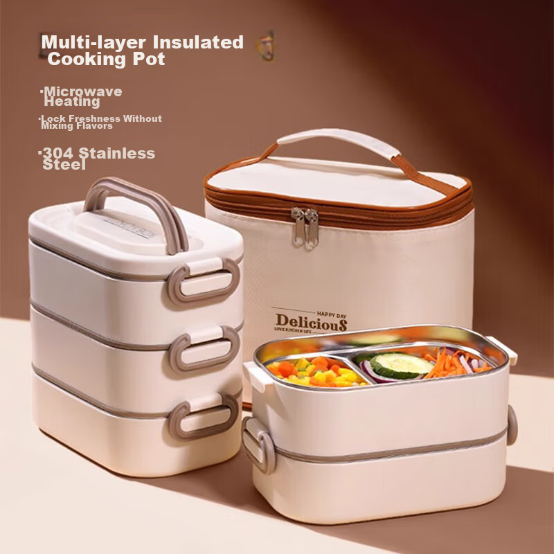 PAKCHOICE Insulated Lunch Box, Extra Long, for Office Workers And Students, Microwave-Safe, Large Capacity, Multi-Layer, Stainless Steel Bento Box