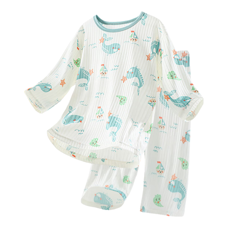 LangSha Children's Pajamas, Boys And Girls Summer Thin Sleepwear Set, Baby Home Wear, Big Kids Three-Quarter Sleeve Air Conditioning Clothes, Size 110